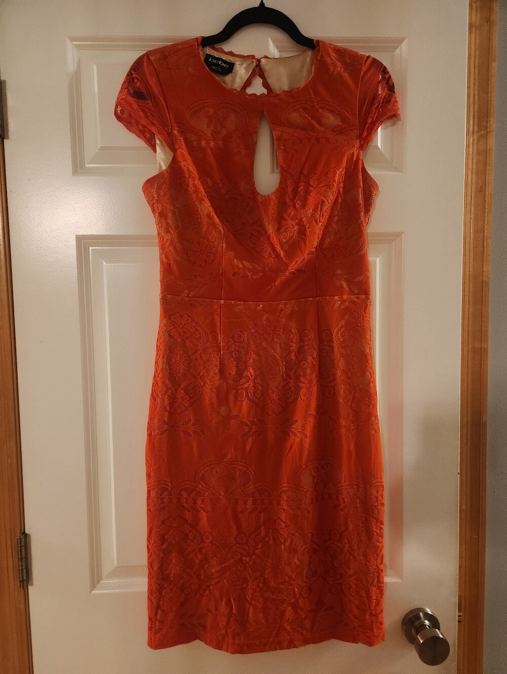 Bebe Orange Lace Midi Dress with Keyhole, Size 6